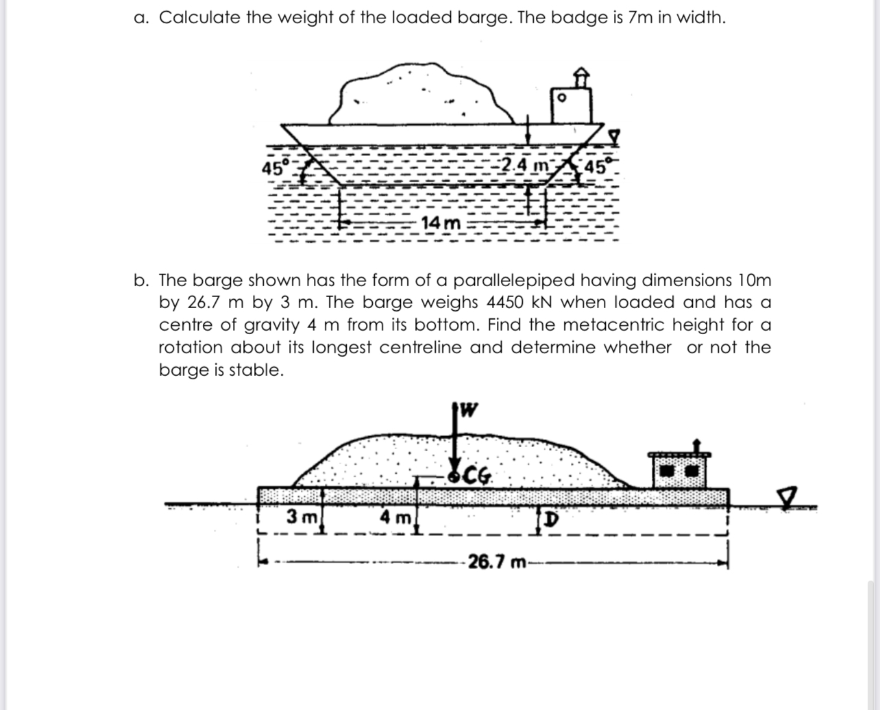 a . Calculate the weight of the loaded barge. The