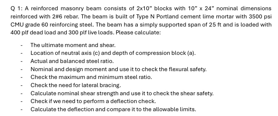 Q 1 : A reinforced masonry beam consists of 2 1 0