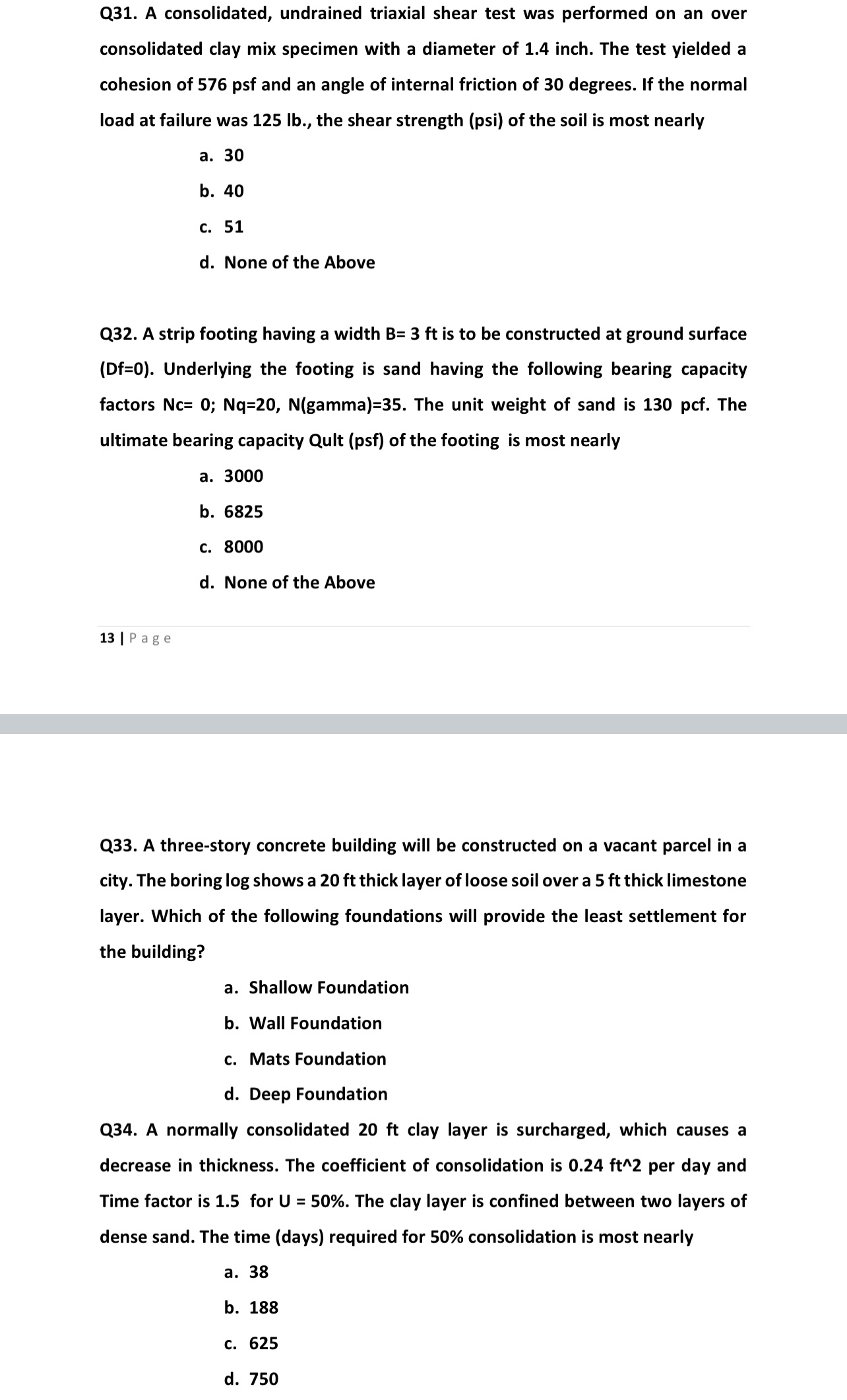 Q 3 1 . A consolidated, undrained triaxial shear
