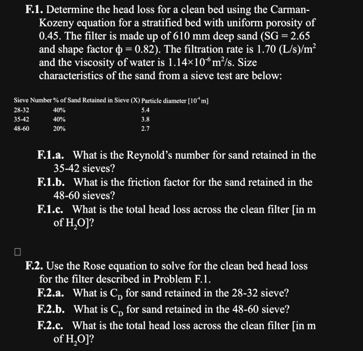 F . 1 . Determine the head loss for a clean bed