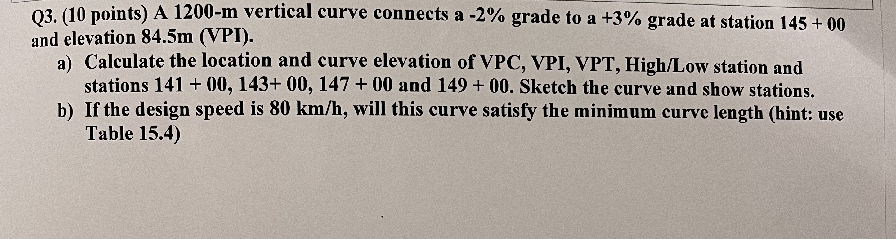 Q 3 . ( 1 0 points ) A 1 2 0 0 - m vertical curve