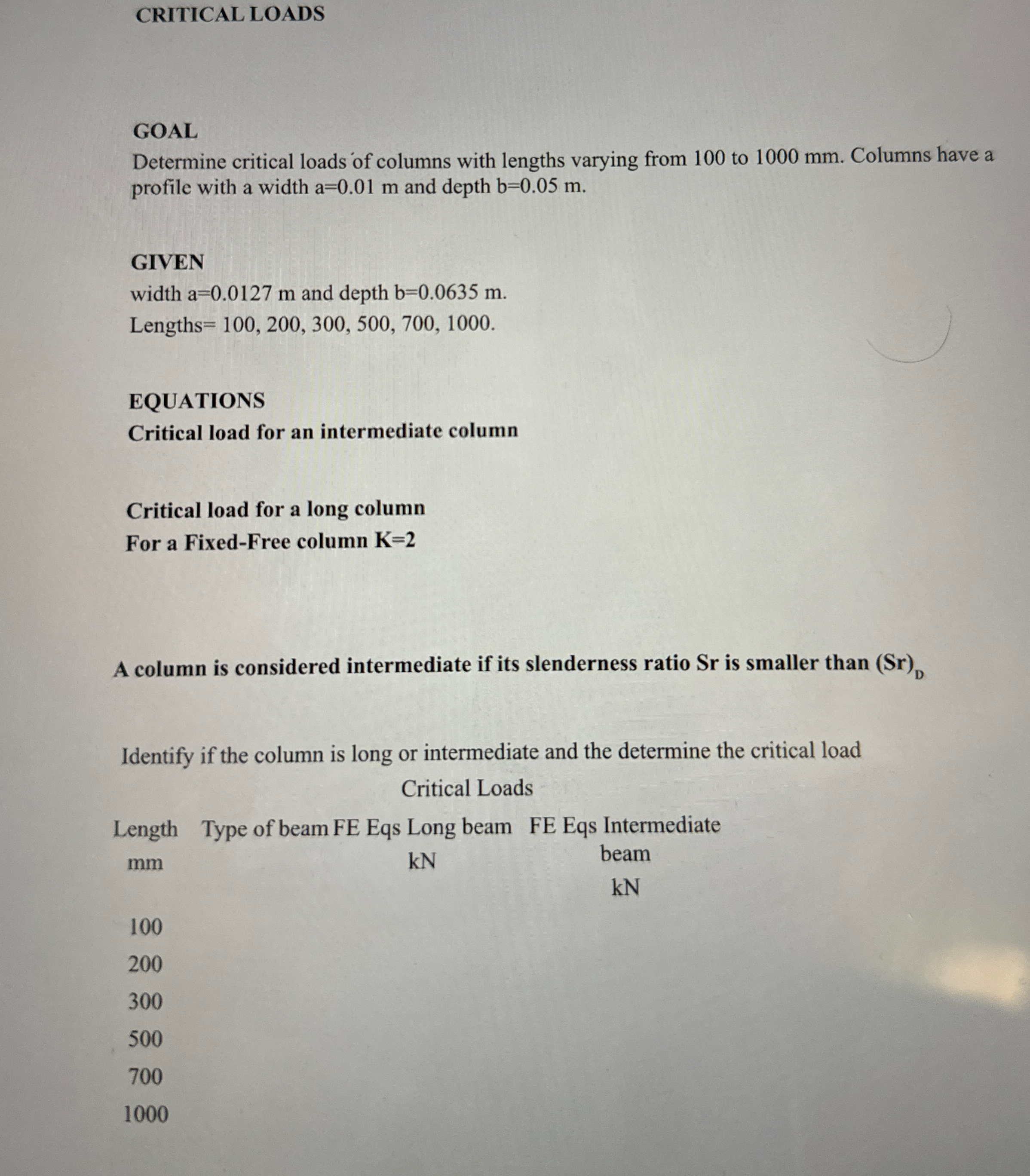 CRITICAL LOADS GOAL Determine critical loads of