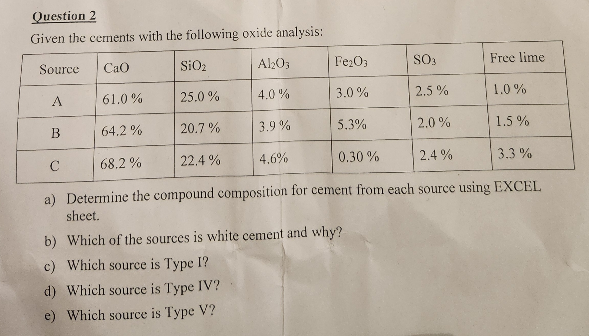 Question 2 Given the cements with the following