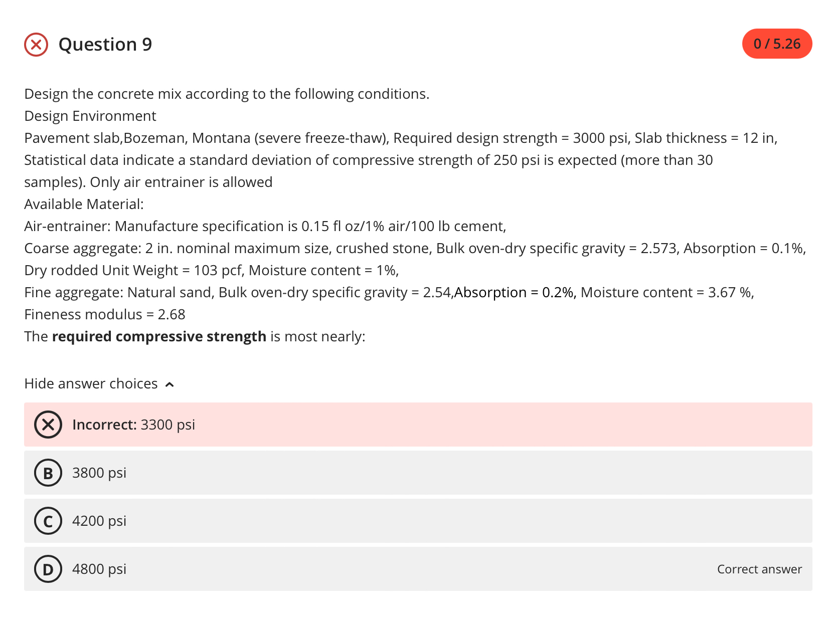 Question 9 Design the concrete mix according to