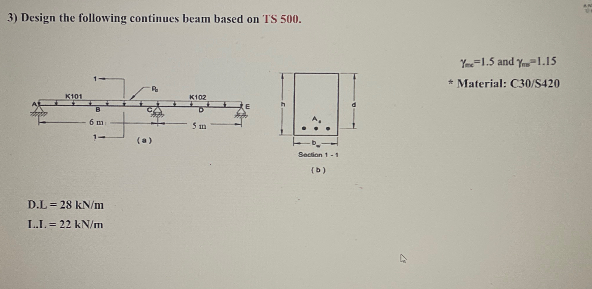 Design the following continues beam based on TS 5