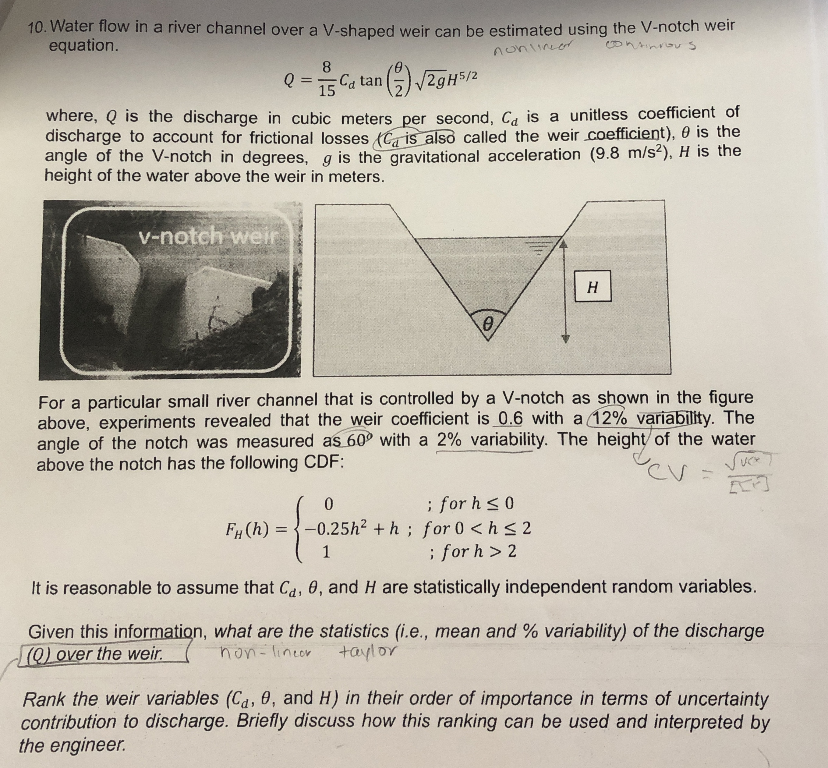 Water flow in a river channel over a V - shaped