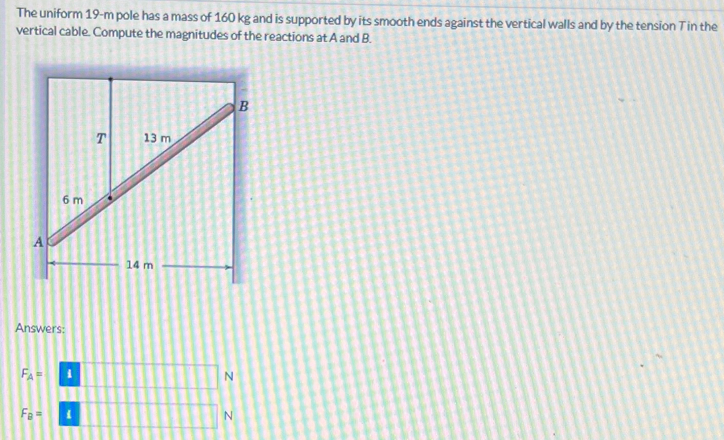 The uniform 1 9 - m pole has a mass of 1 6 0 k g