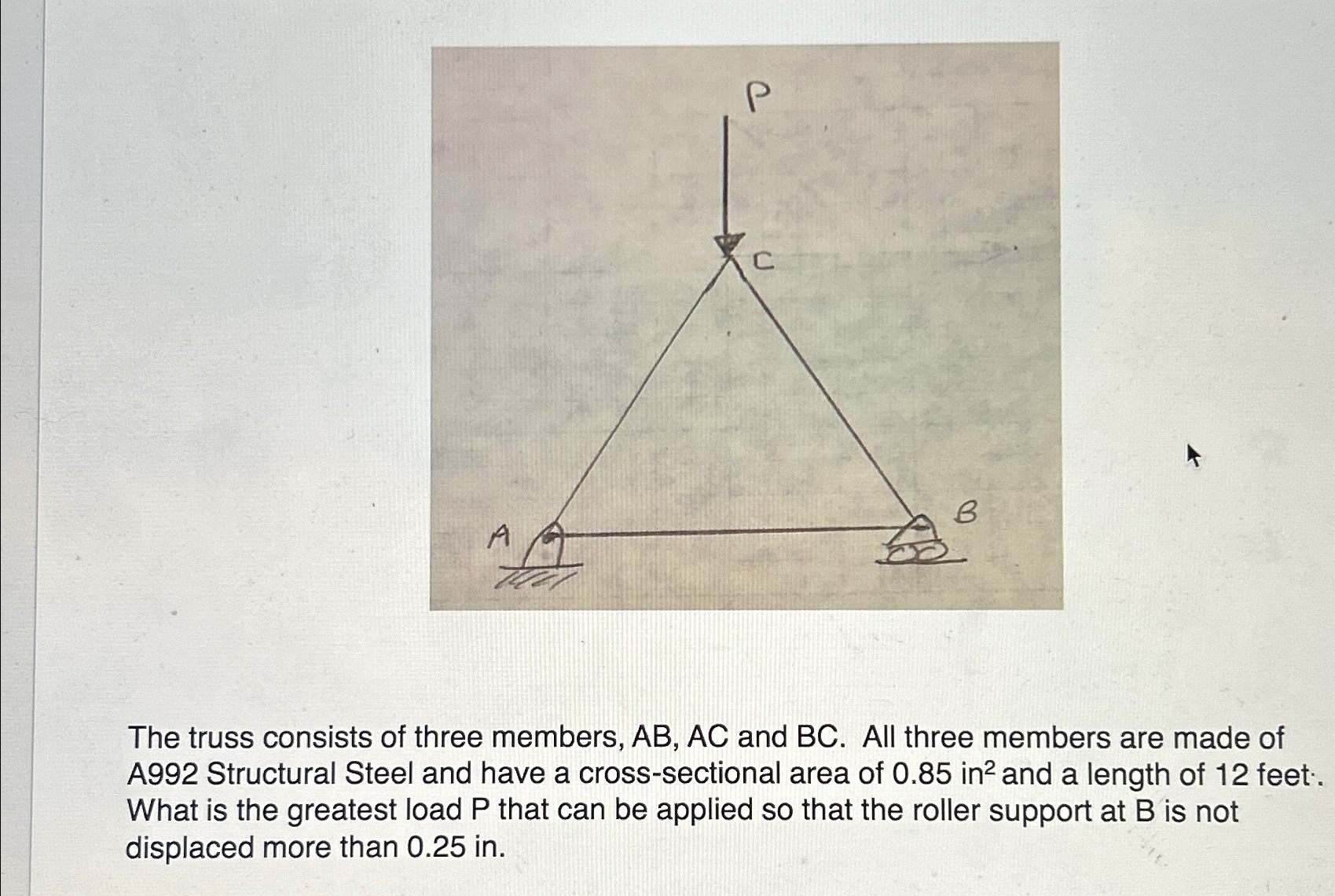 The truss consists of three members, A B , A C