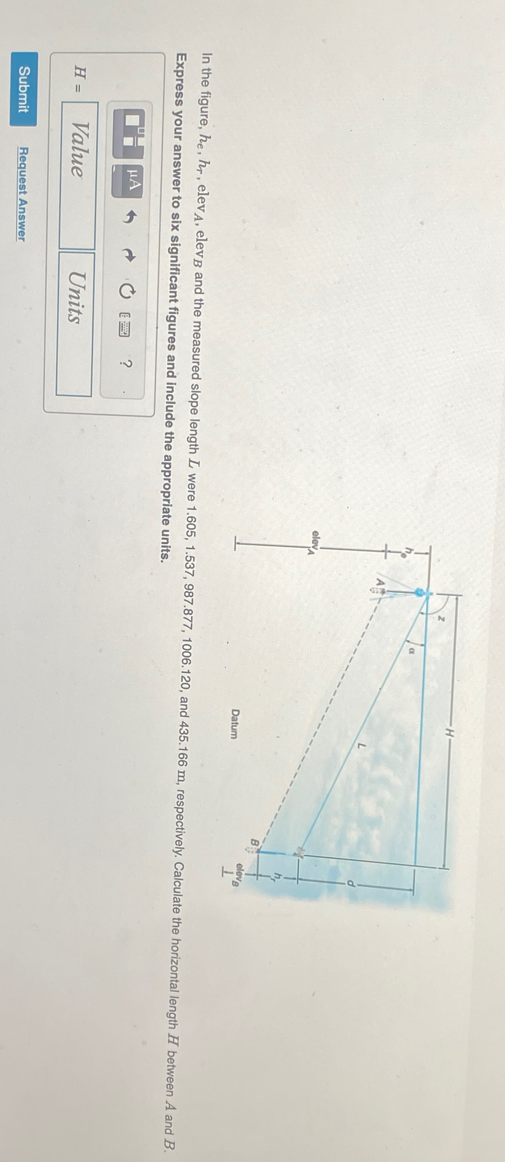 In the figure, h e , h r , e l e v A , e l e v B