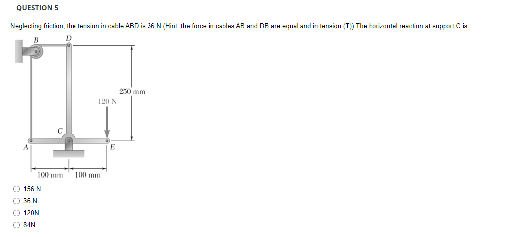 QUESTION 5 Neglecting friction, the tension in
