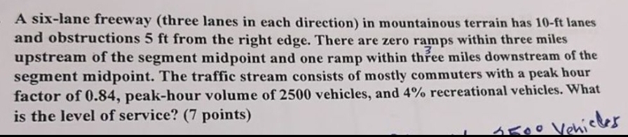 A six - lane freeway ( three lanes in each