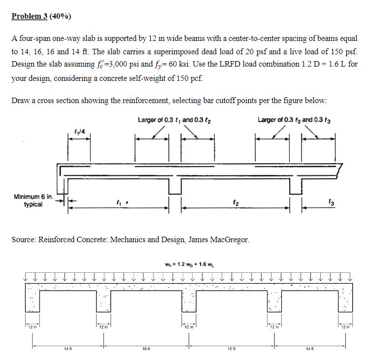 Problem 3 ( 4 0 % ) A four - span one - way slab