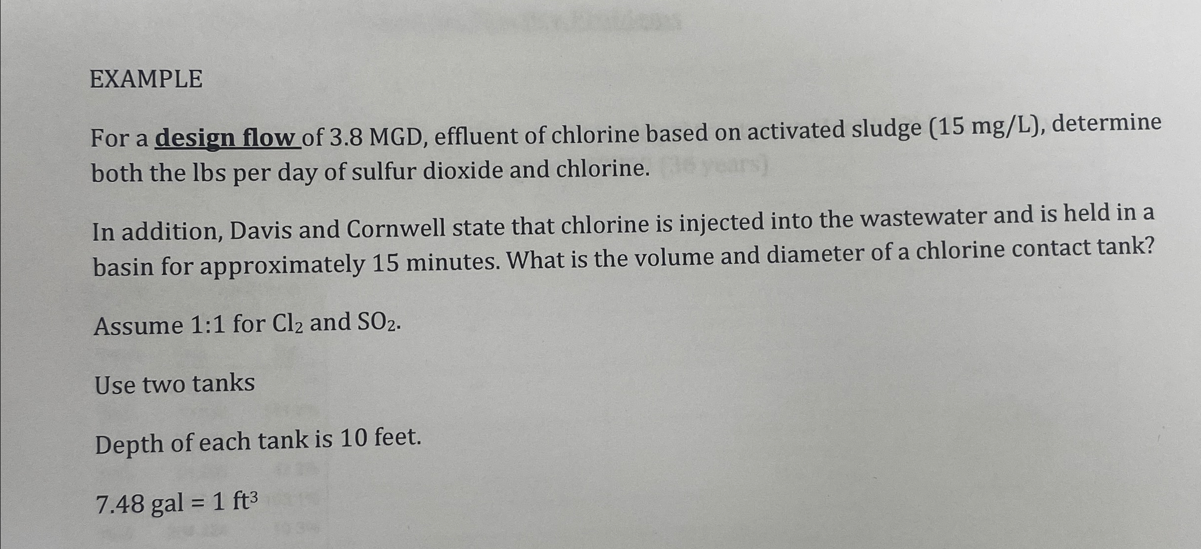 EXAMPLE For a design flow of 3 . 8 MGD , effluent