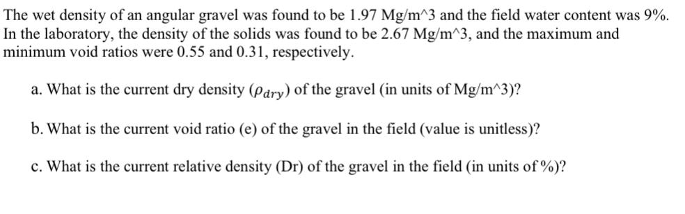 The wet density of an angular gravel was found to