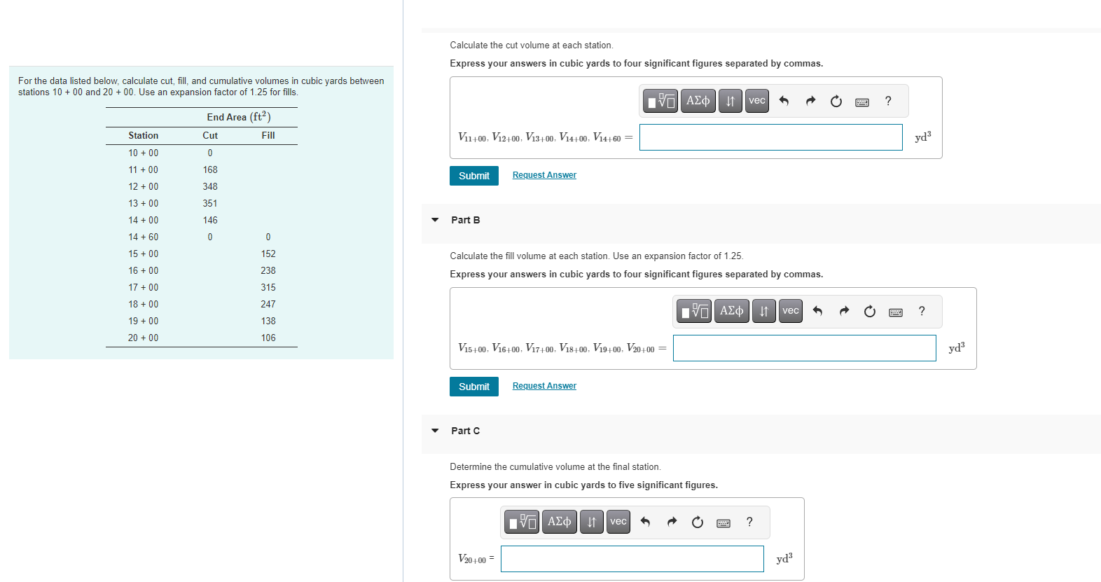 Calculate the cut volume at each station. Express