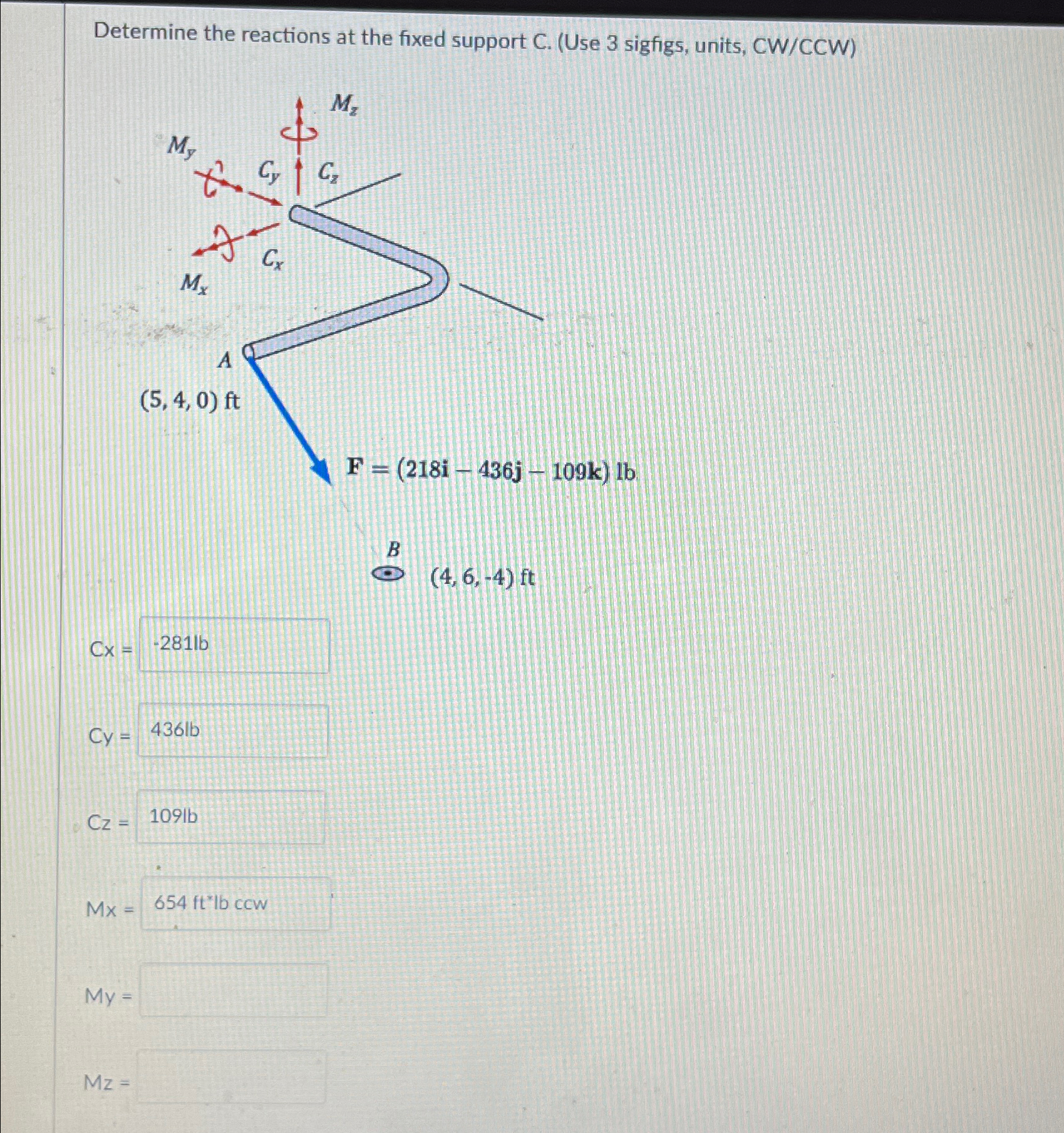 Determine the reactions at the fixed support C .