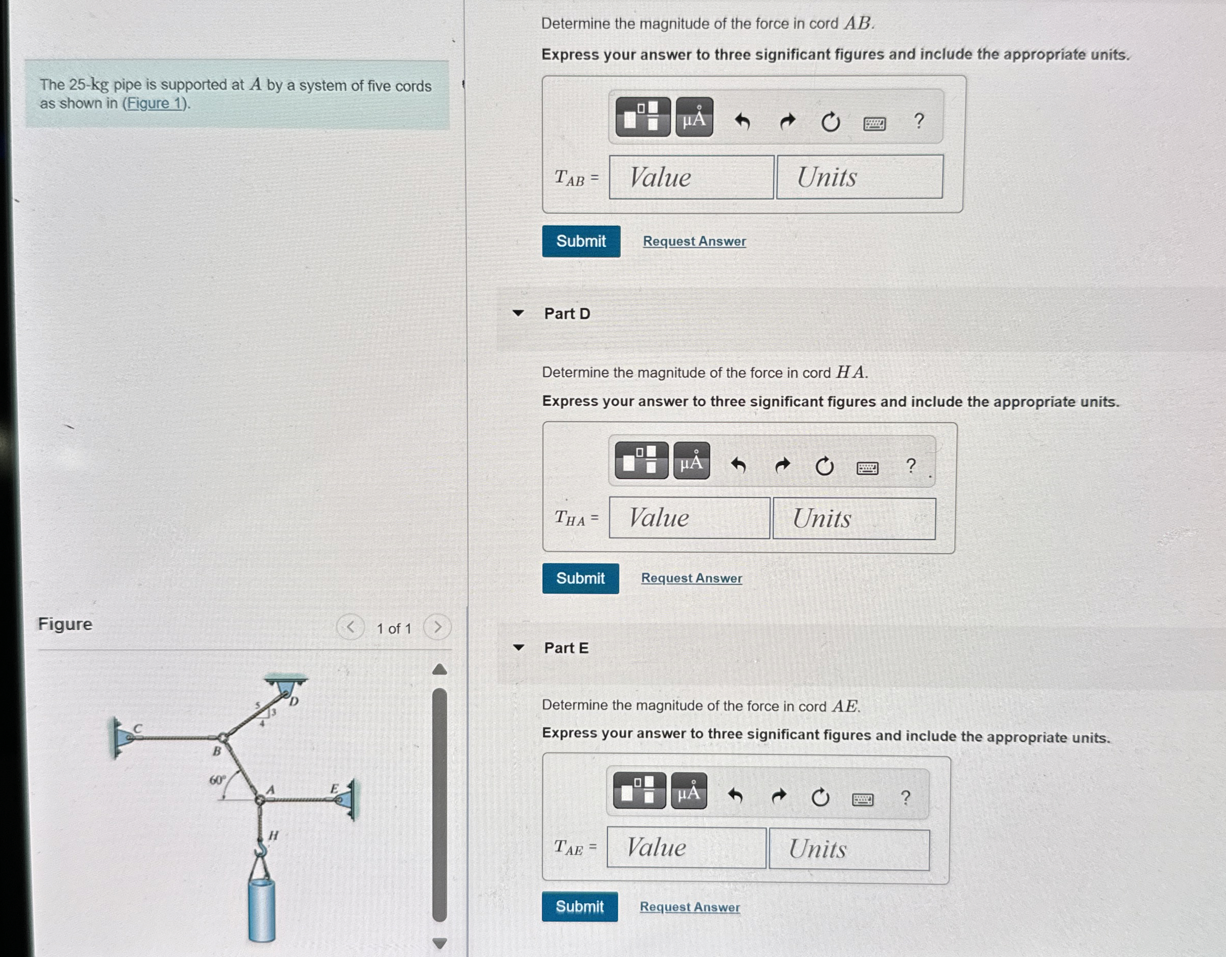 Determine the magnitude of the force in cord A B