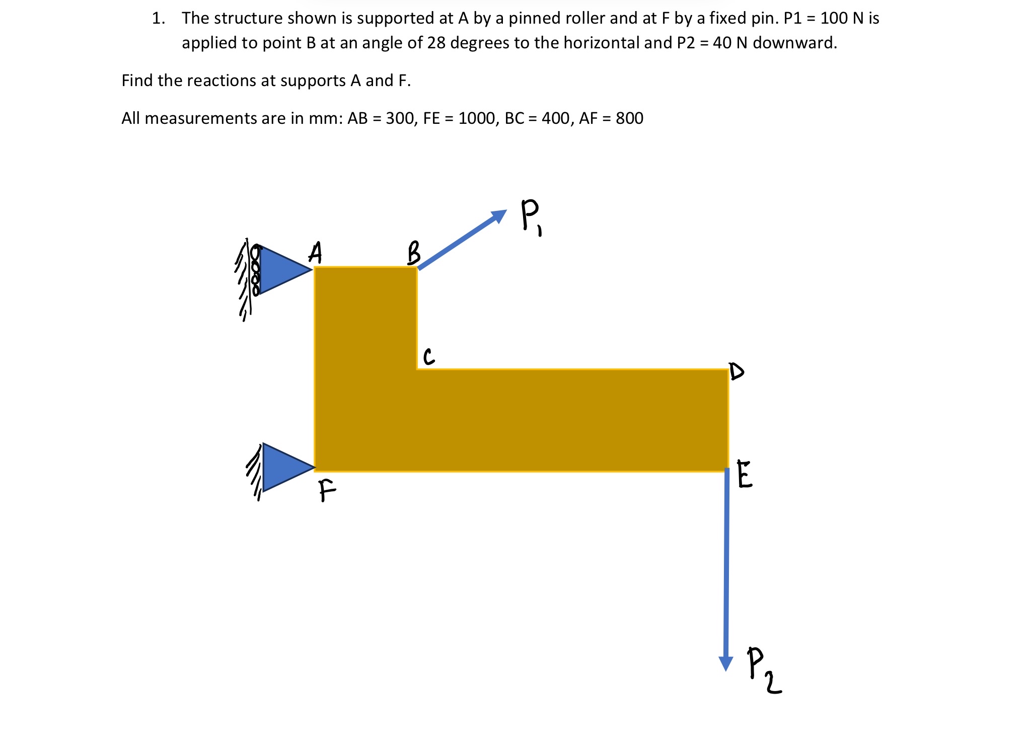 The structure shown is supported at A by a pinned