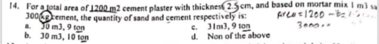 For a fotal area of 1 2 0 0 m 2 cement plaster