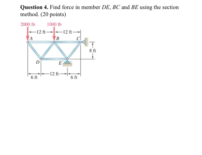 Question 4 . Find force in member D E , B C and B