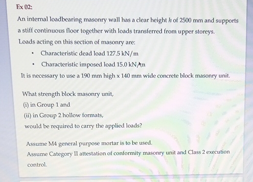 Ex 0 2 : An internal loadbearing masonry wall has