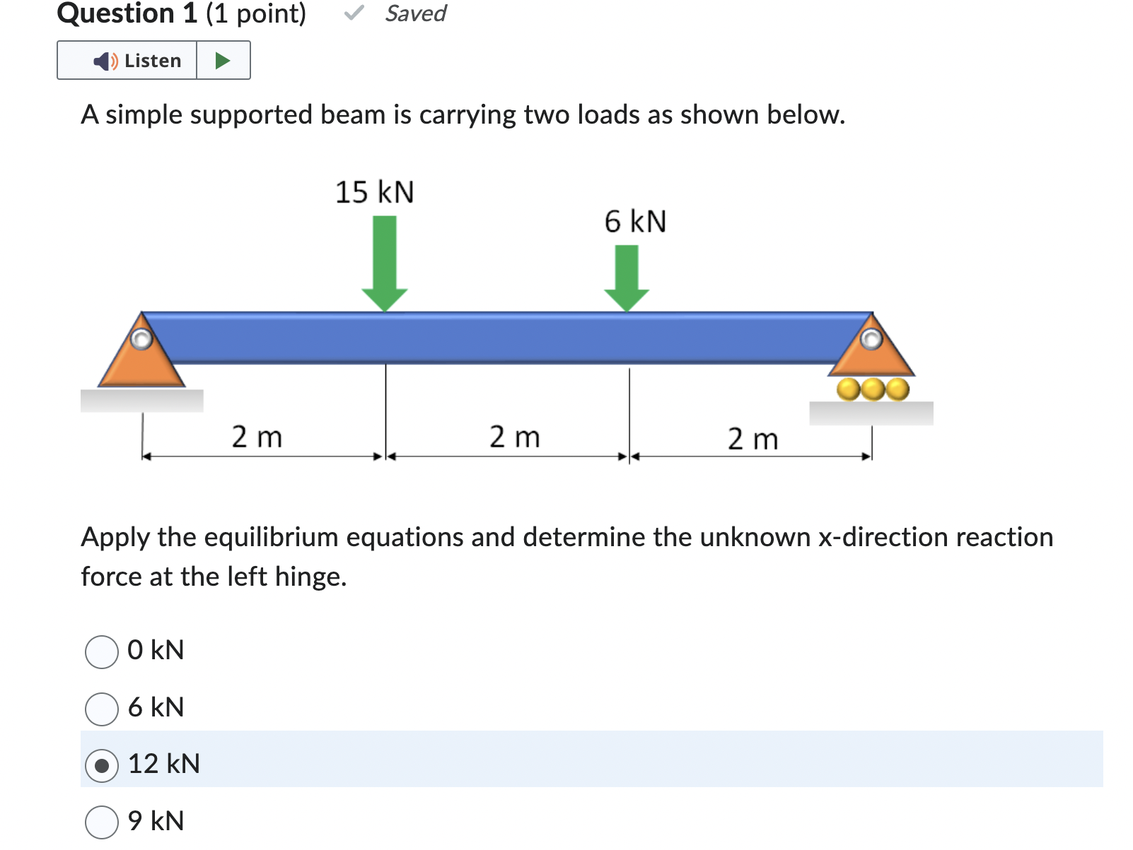 Question 1 Saved Listen A simple supported beam
