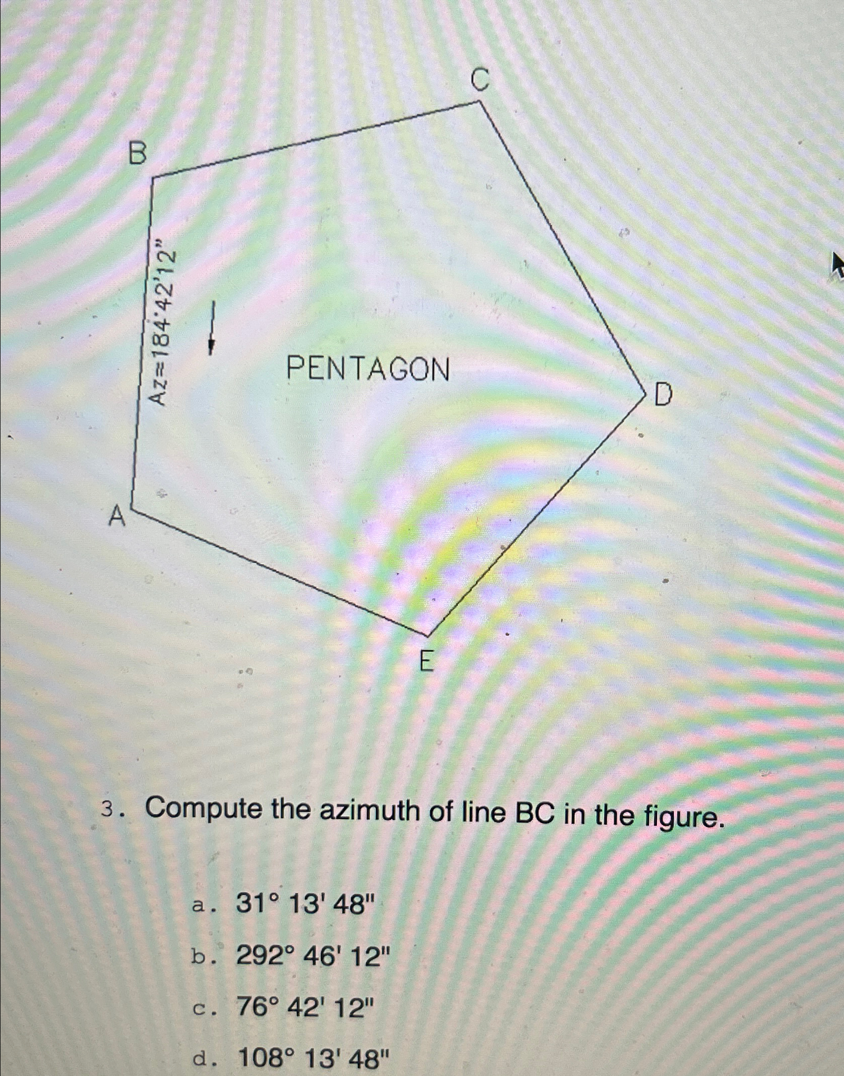Compute the azimuth of line B C in the figure. a