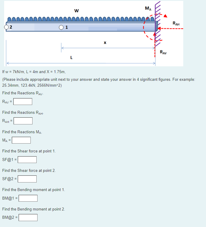 If w = 7 k N m , L = 4 m and x = 1 . 7 5 m , (