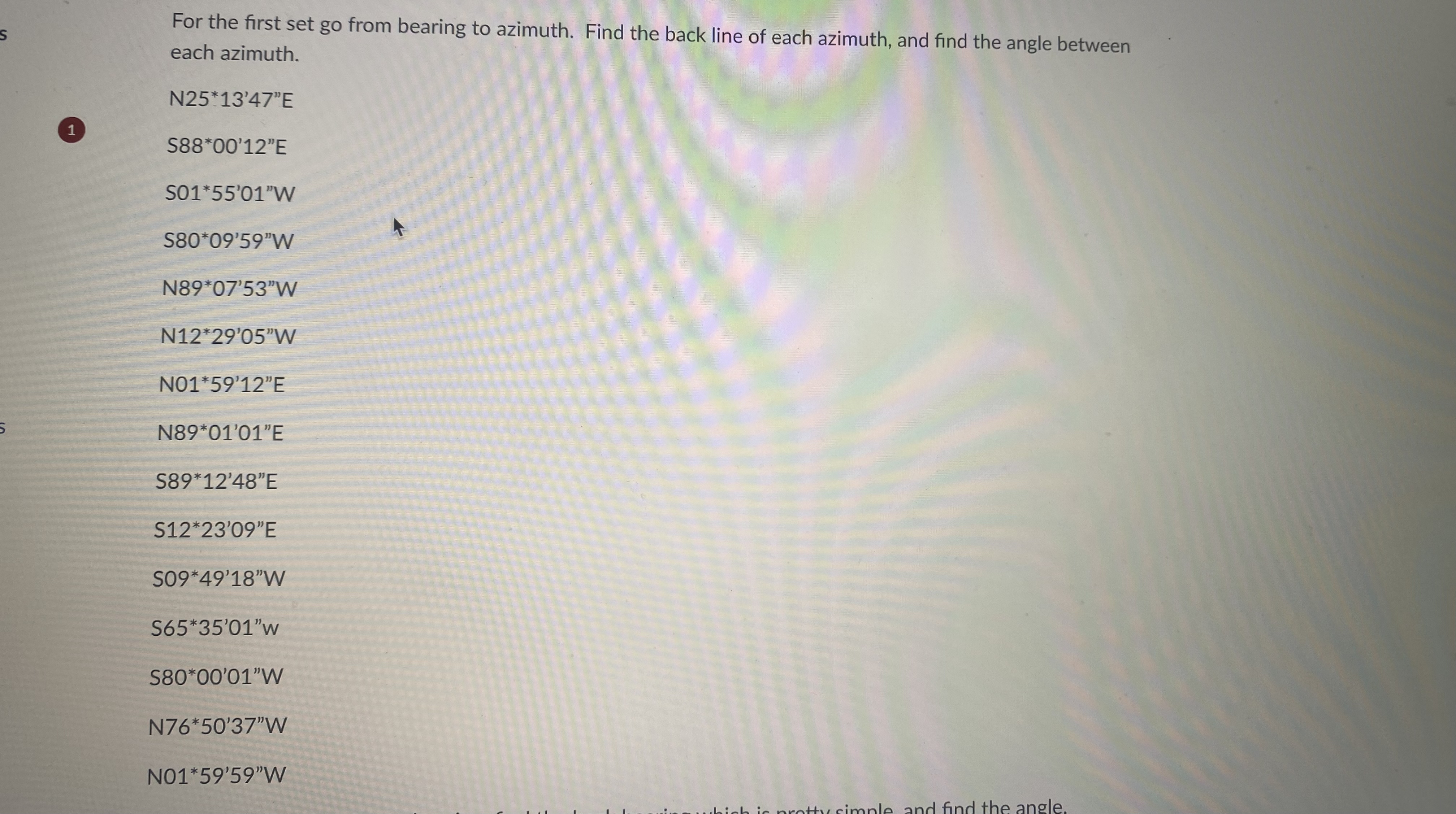 For the first set go from bearing to azimuth.