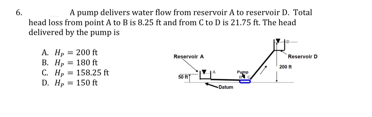 A pump delivers water flow from reservoir A to
