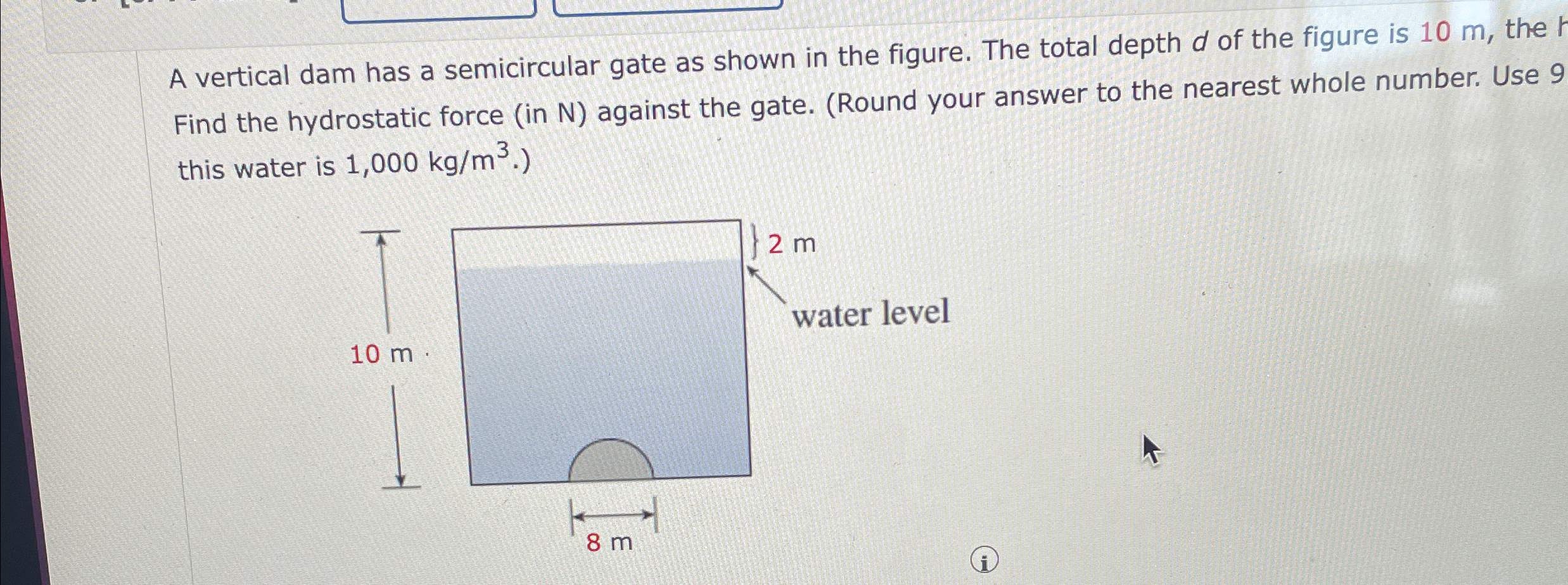 A vertical dam has a semicircular gate as shown