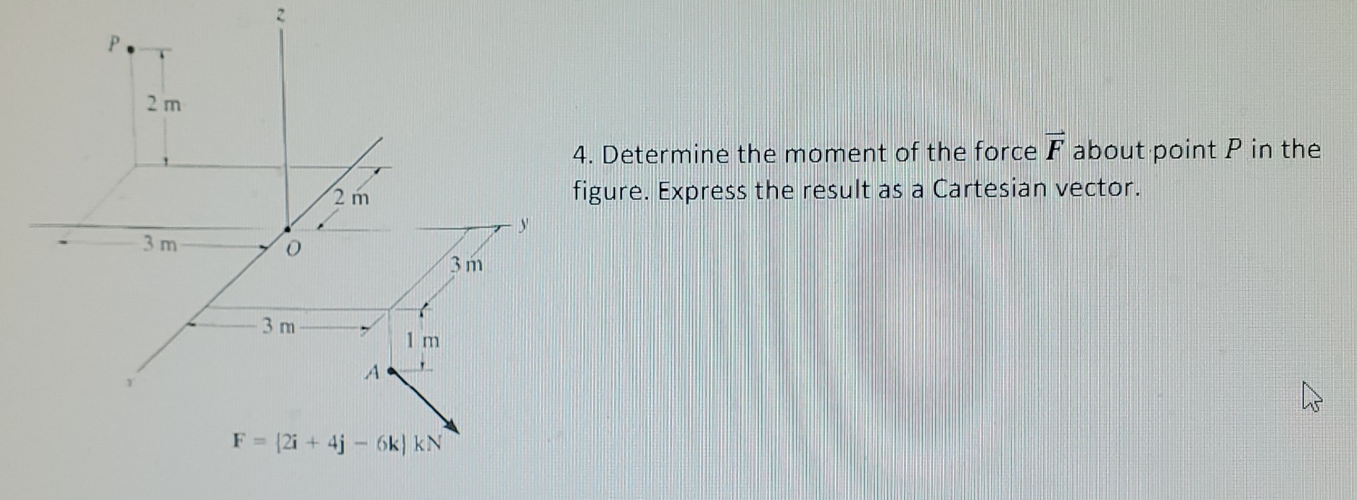 Determine the moment of the force vec ( F ) about