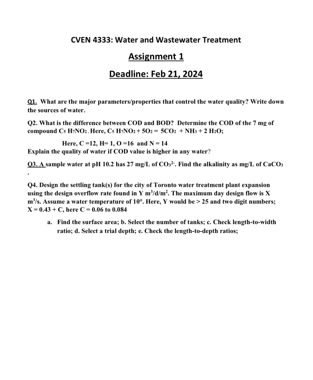 CVEN 4 3 3 3 : Water and Wastewater Treatment
