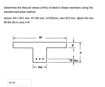 Determine the flexural stress ( mPa ) of steel in