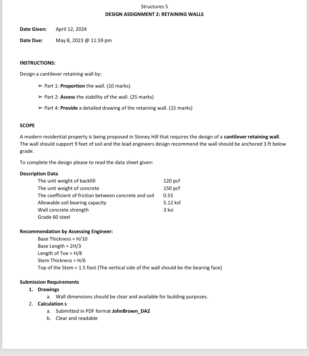 Structures 5 DESIGN ASSIGNMENT 2 : RETAINING
