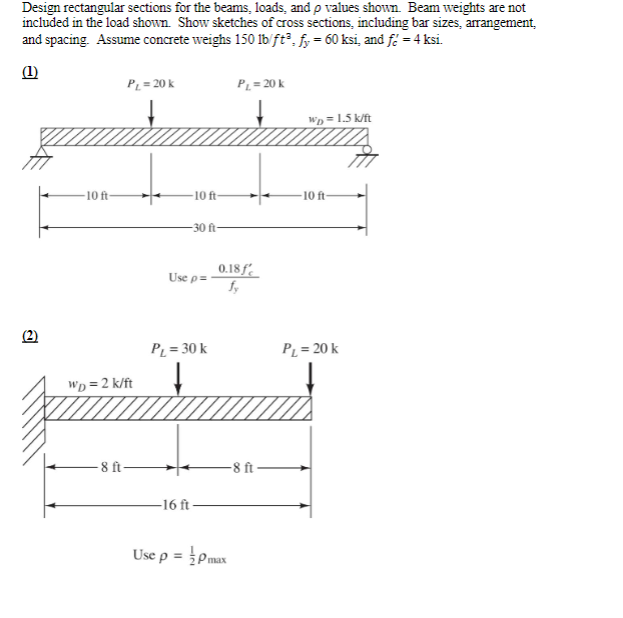 Design rectangular sections for the beams, loads,