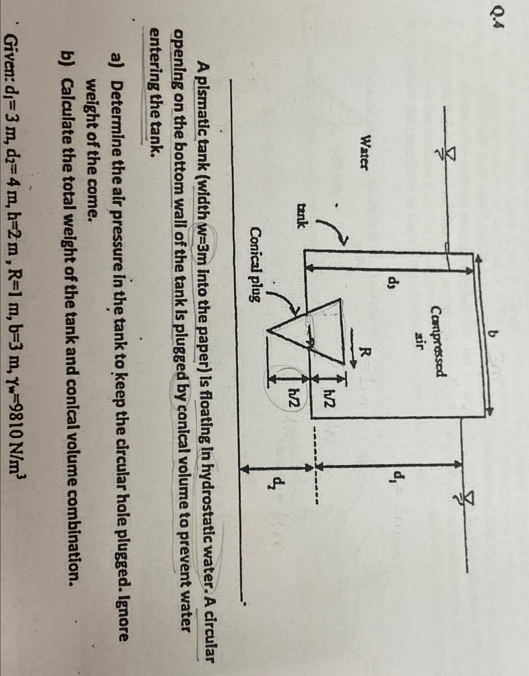 Q . 4 A pismatic tank ( width w = 3 m into the