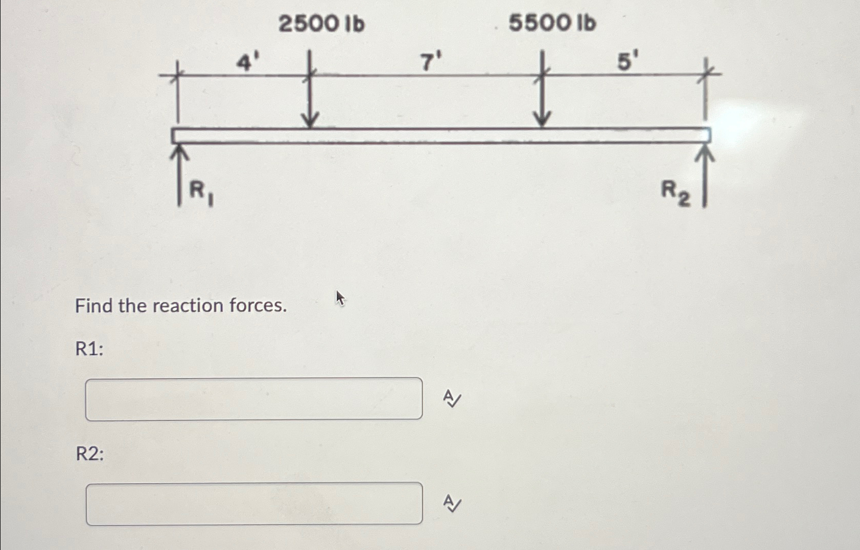 Find the reaction forces. R 1 : A R 2 : A