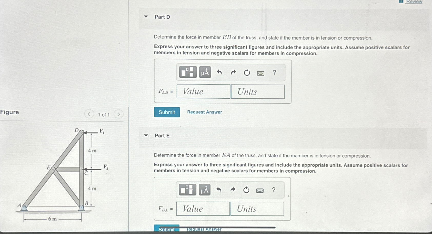 Determine the force in member D E of the truss,