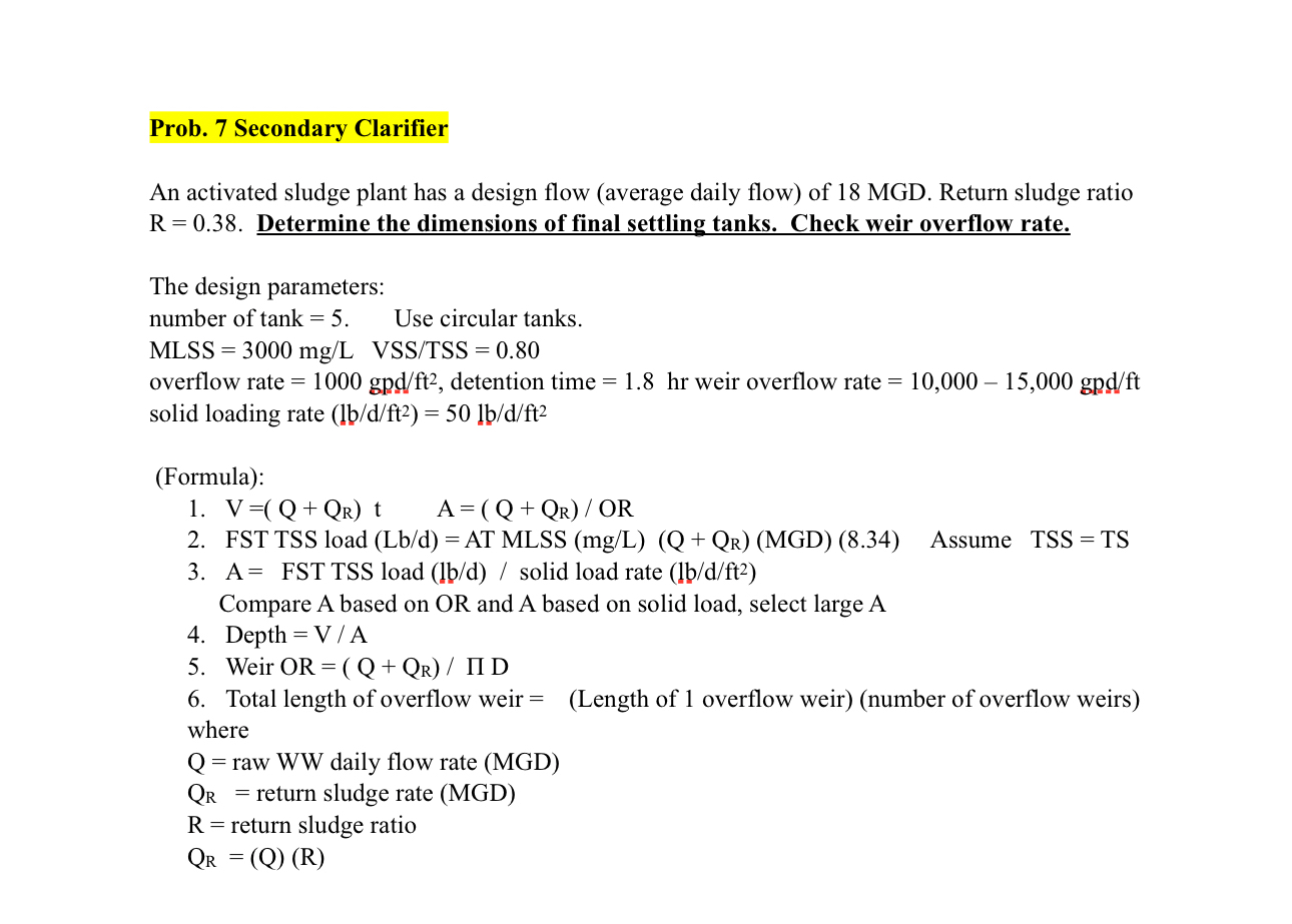 Prob. 7 Secondary Clarifier An activated sludge