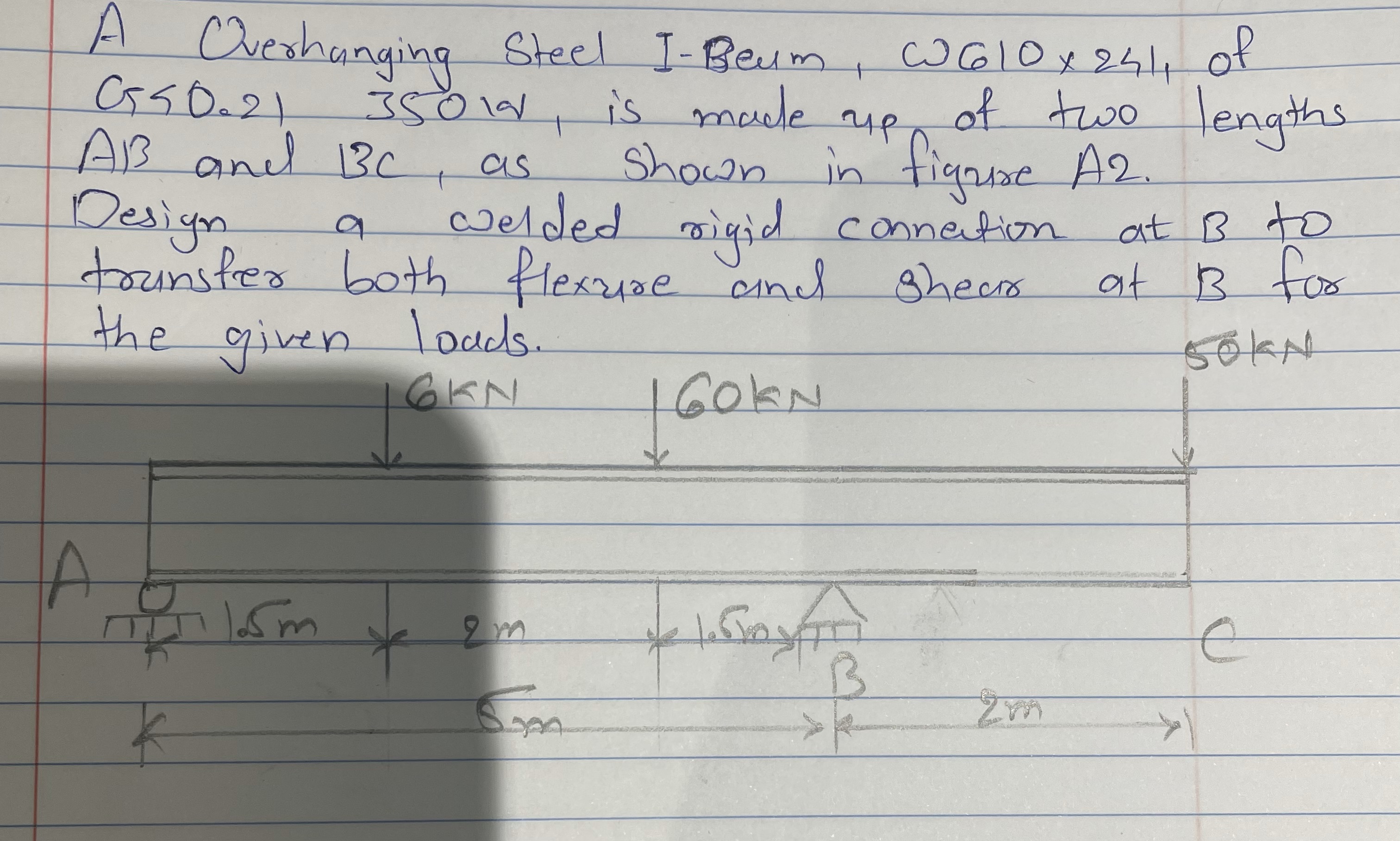 A overhanging steel I - Beam, W 6 1 0 2 4 1 , of