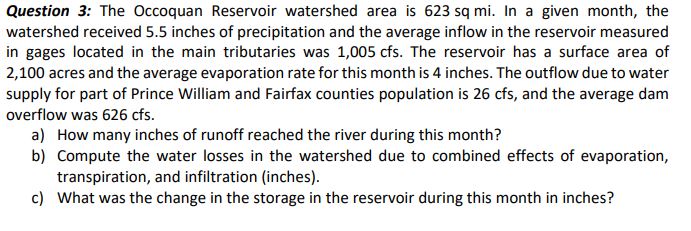 Question 3 : The Occoquan Reservoir watershed