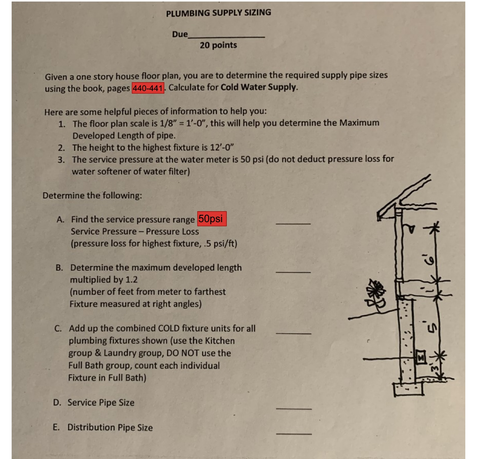 PLUMBING SUPPLY SIZING Due Given a one story