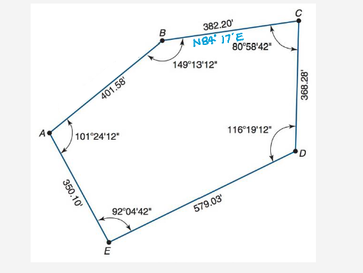 Line BC has a Bearing of N 8 4 \ deg 1 7 ' E .