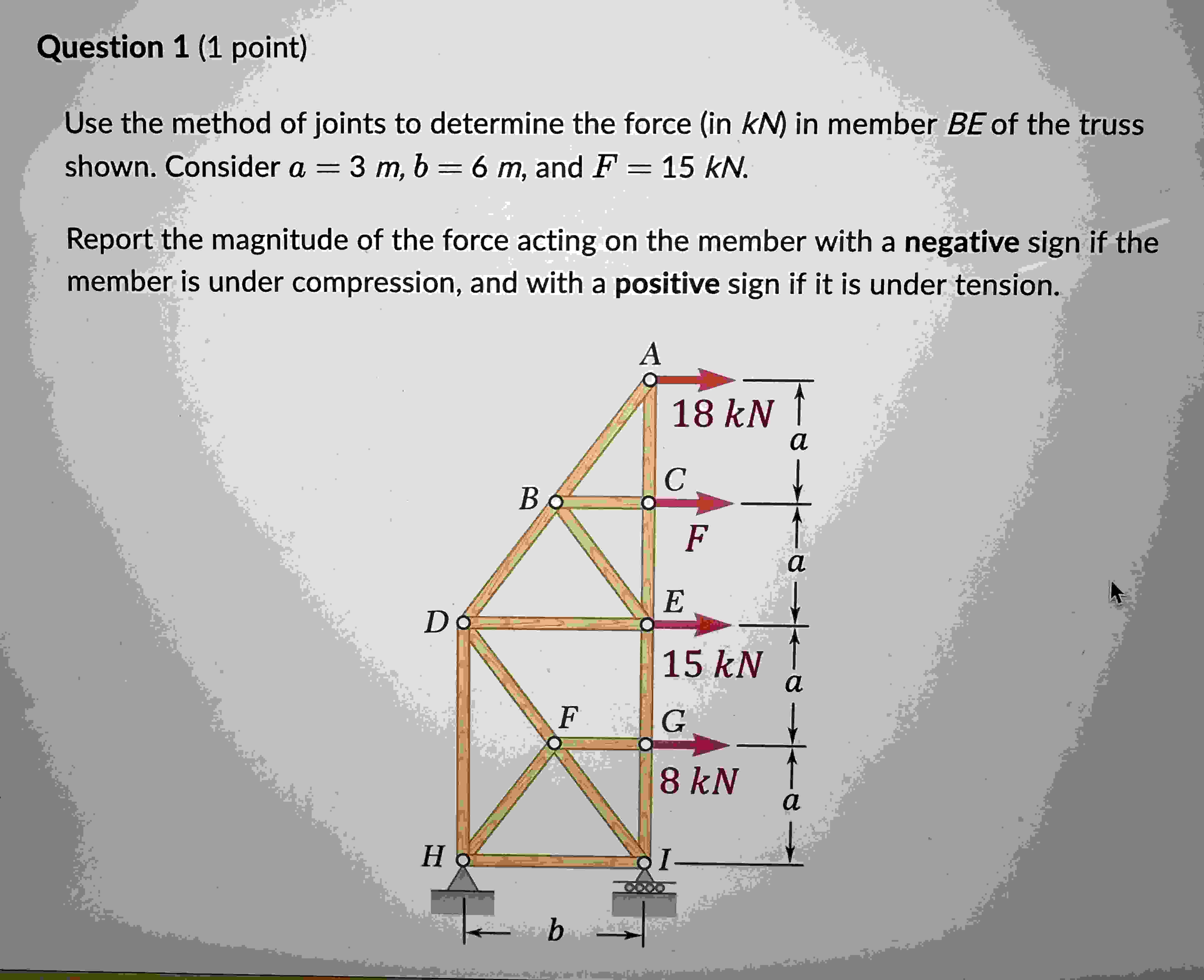 Question 1 ( 1 point ) Use the method of joints