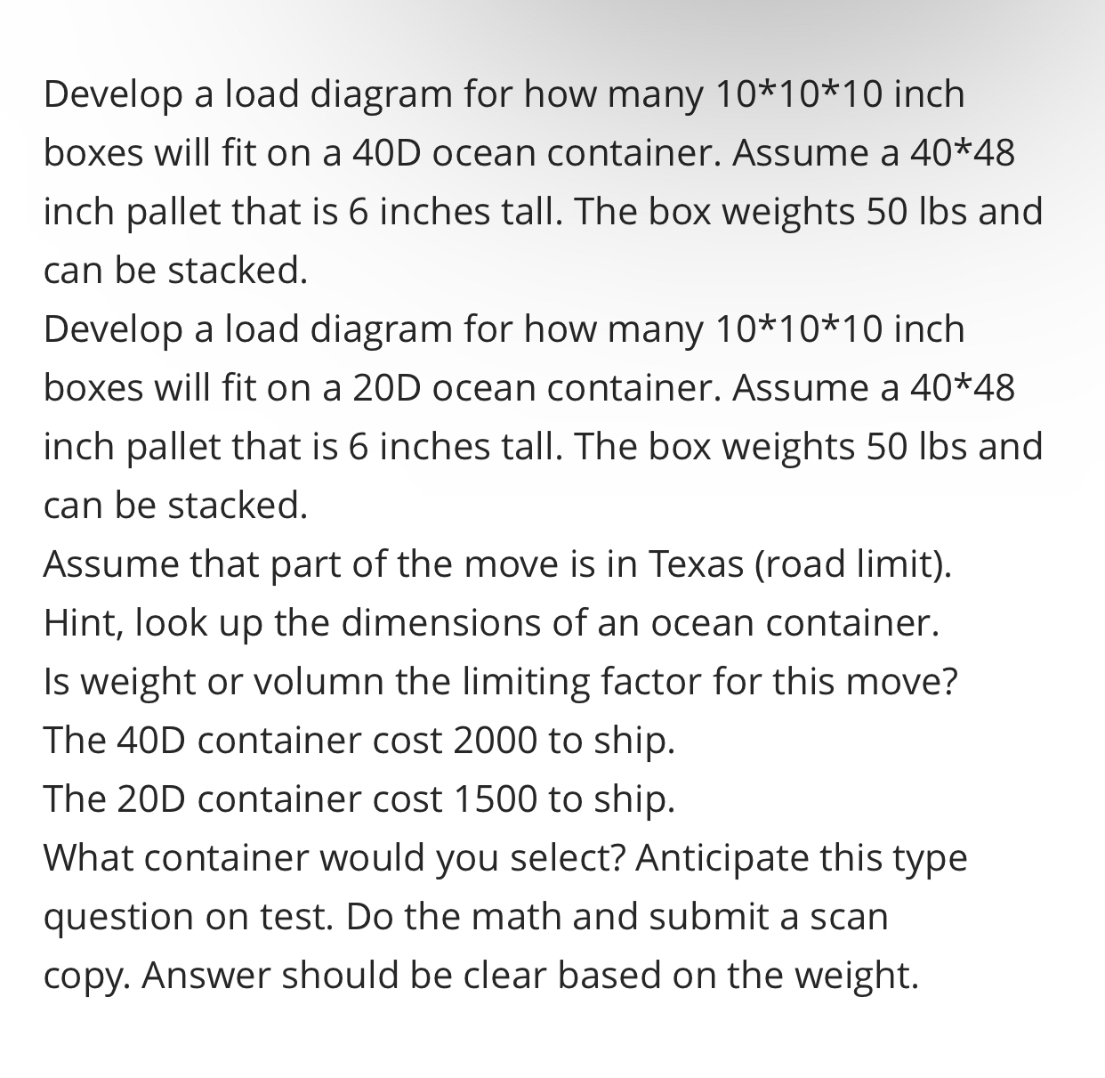 Develop a load diagram for how many 1 0 1 0 inch