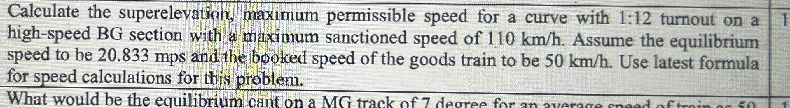 Calculate the superelevation, maximum permissible