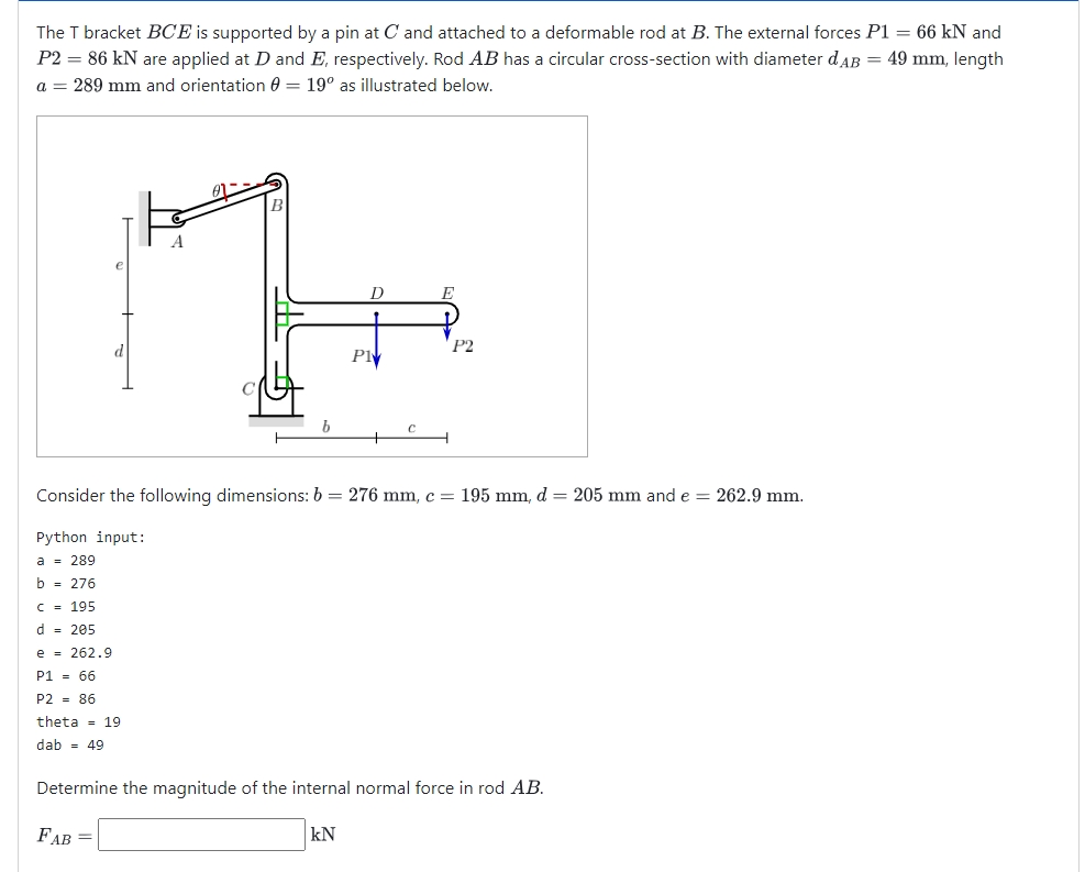 The T bracket BCE is supported by a pin at C and
