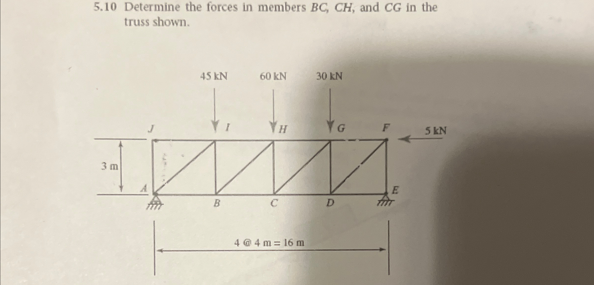 5 . 1 0 Determine the forces in members B C , C H