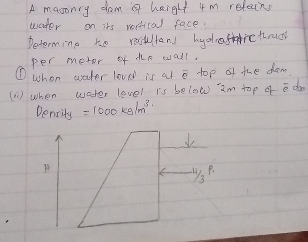 A masonry dam of height 4 m retains water on its
